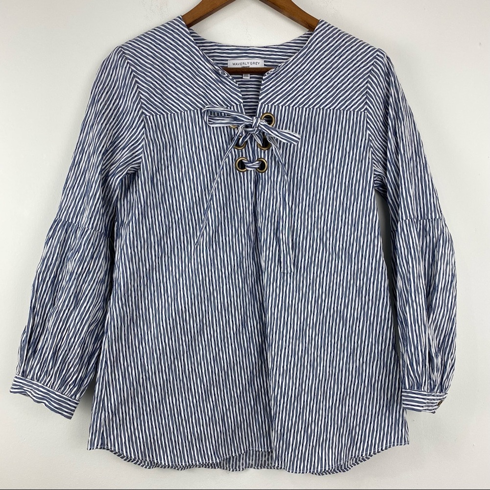 Waverly Grey size Medium Women’s Blue White Striped Lace Up Long Sleeve Blouse